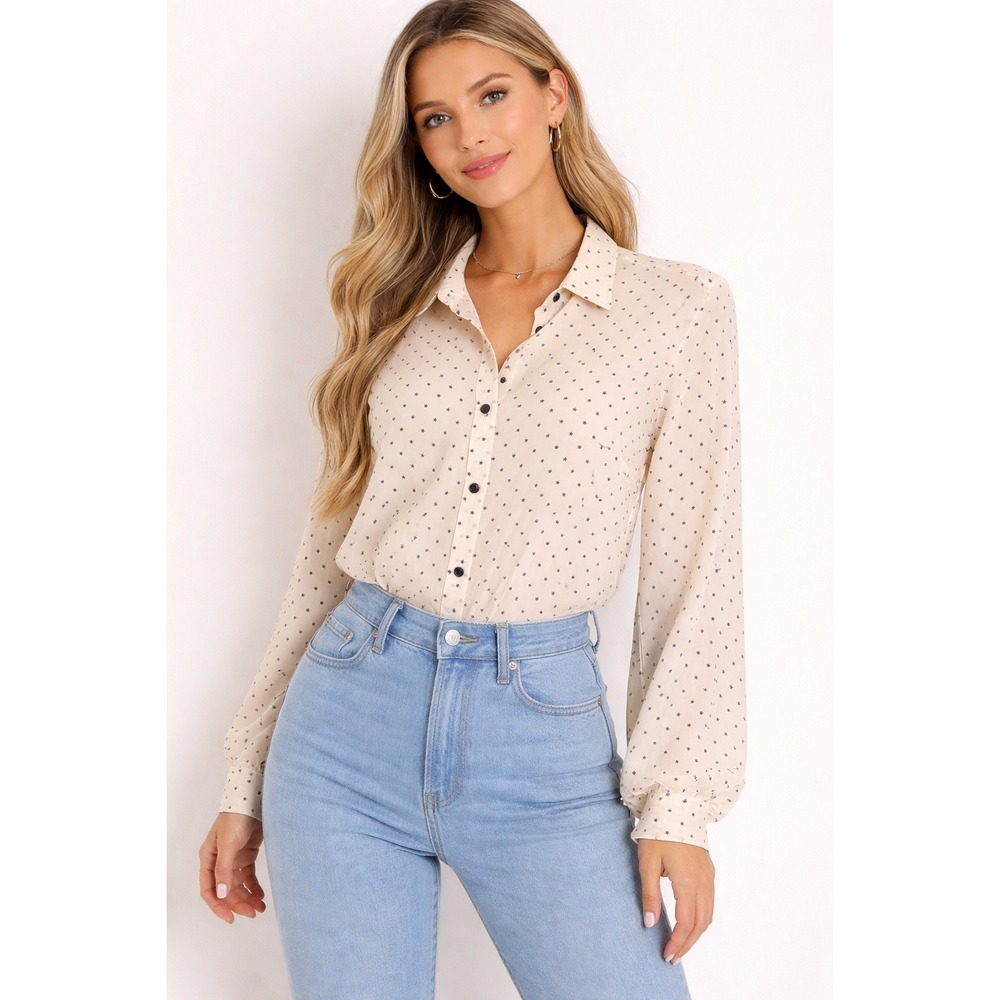 Weekend Max Mara Silk Blouse Women US 8 Cream‎ Navy Star Print Button Down Top